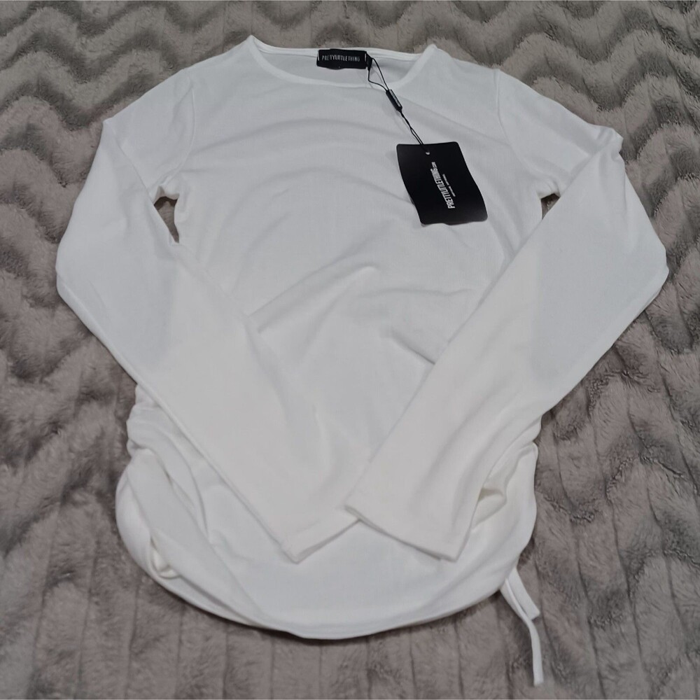 Pretty Little Thing Womens Size 4 Creme Cotton Ruched Side Long Sleeve Shirt NWT